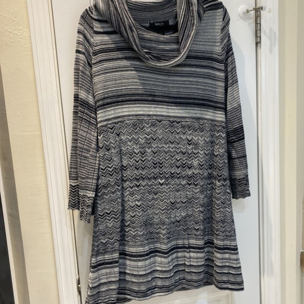 Style & Co Black White OX 100% Cotton Womans 3/4 Sleeve cowl neck Dress      533